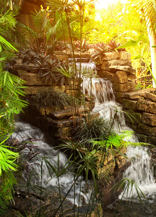 bamboo oasis garden natural stone waterfall