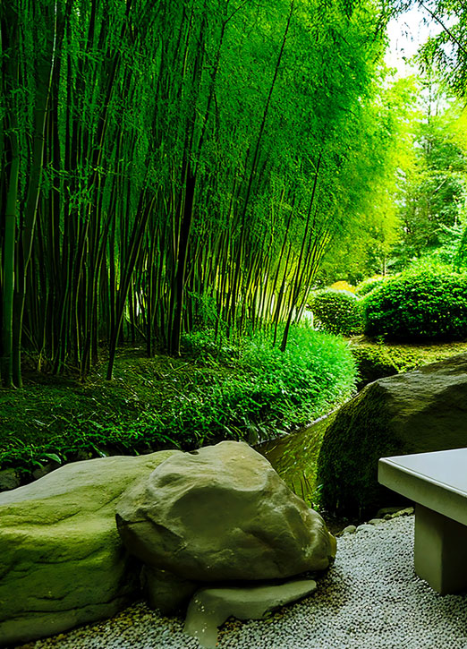 bamboo oasis garden with stream